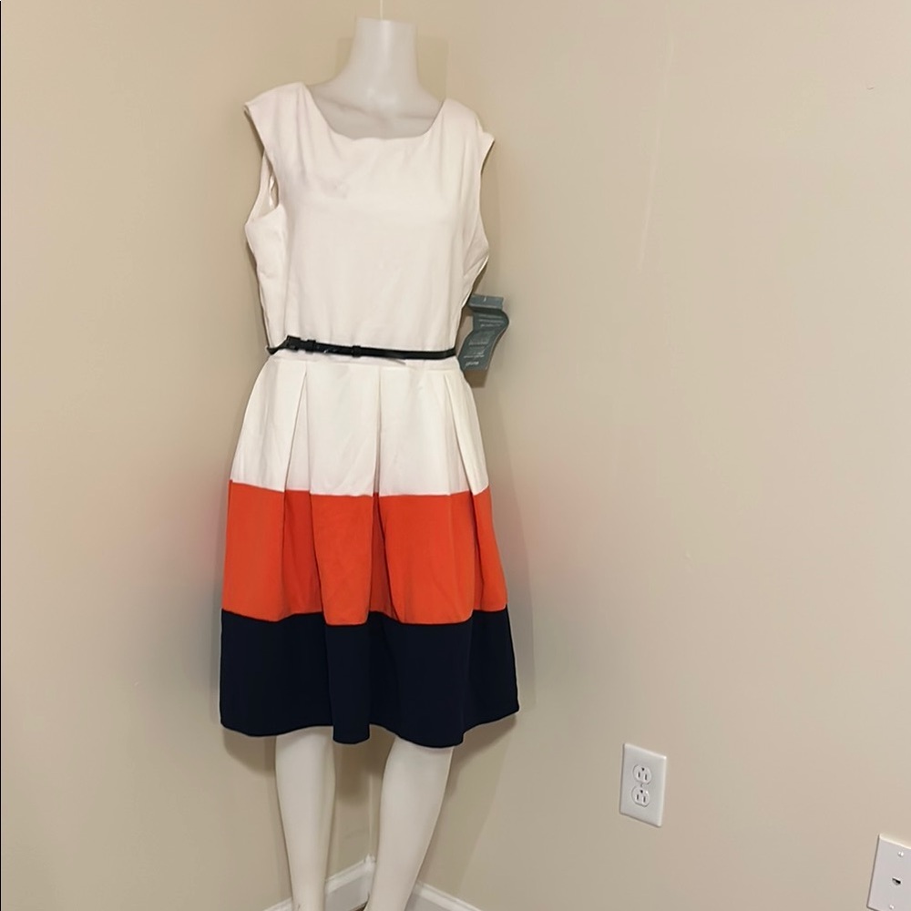 Tiana B Cream and Orange A-Line Midi Dress
